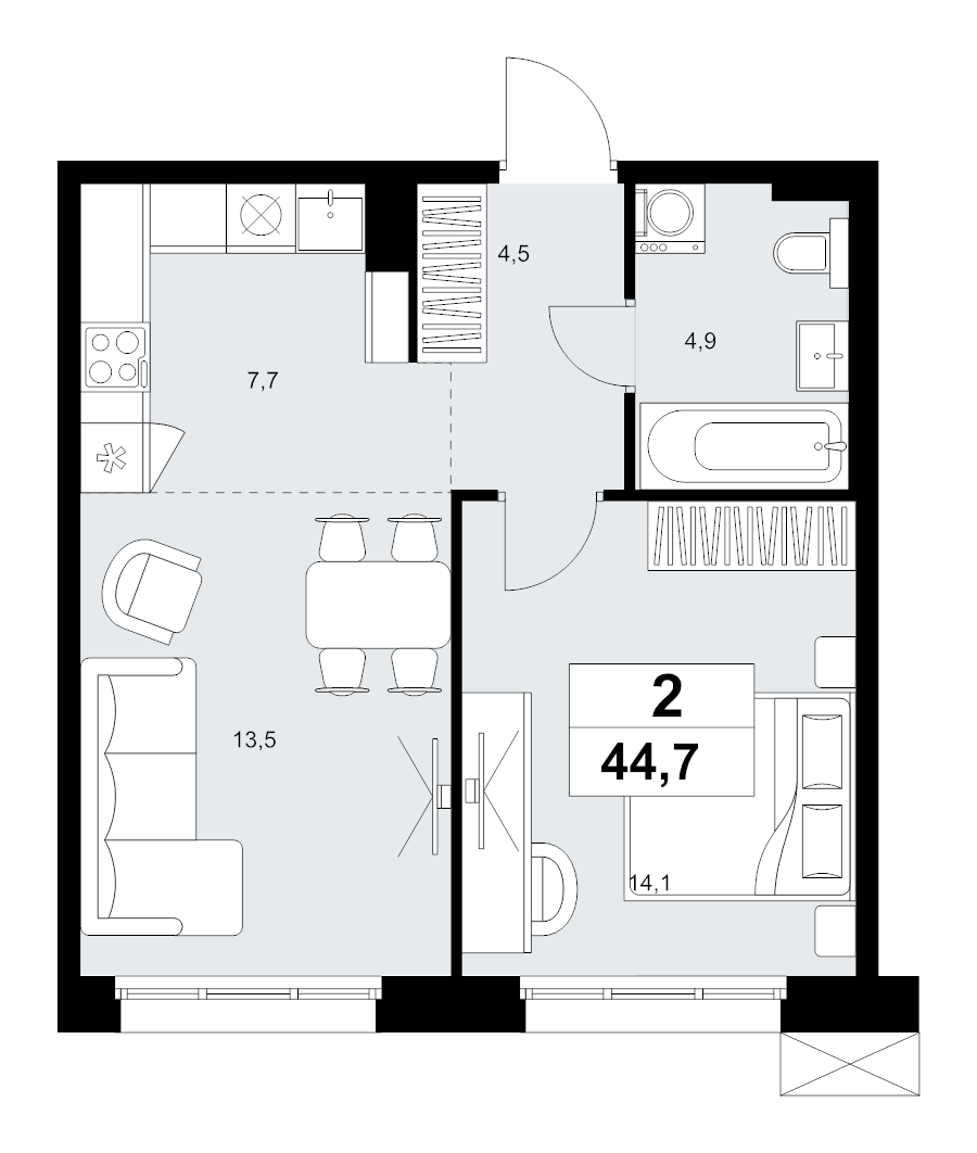 2 ккв (Евро) 44,7 м²