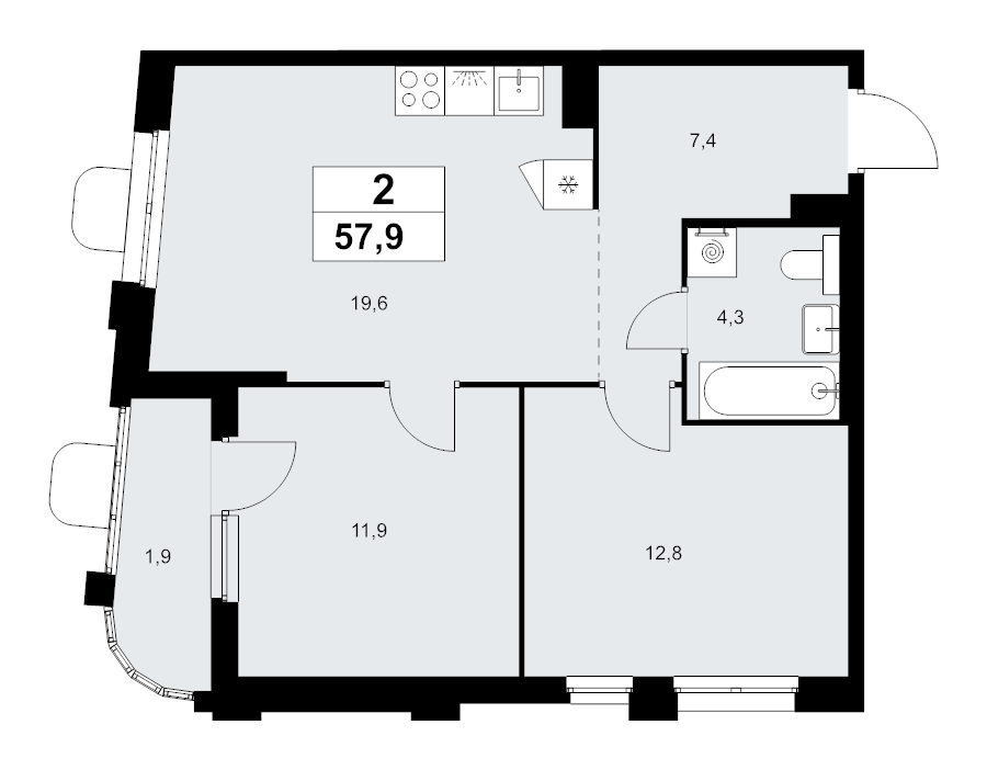 3 ккв (Евро) 57,9 м²