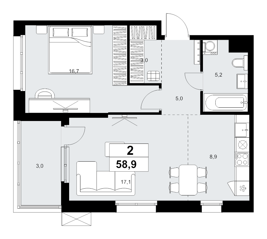 2 ккв (Евро) 58,9 м²