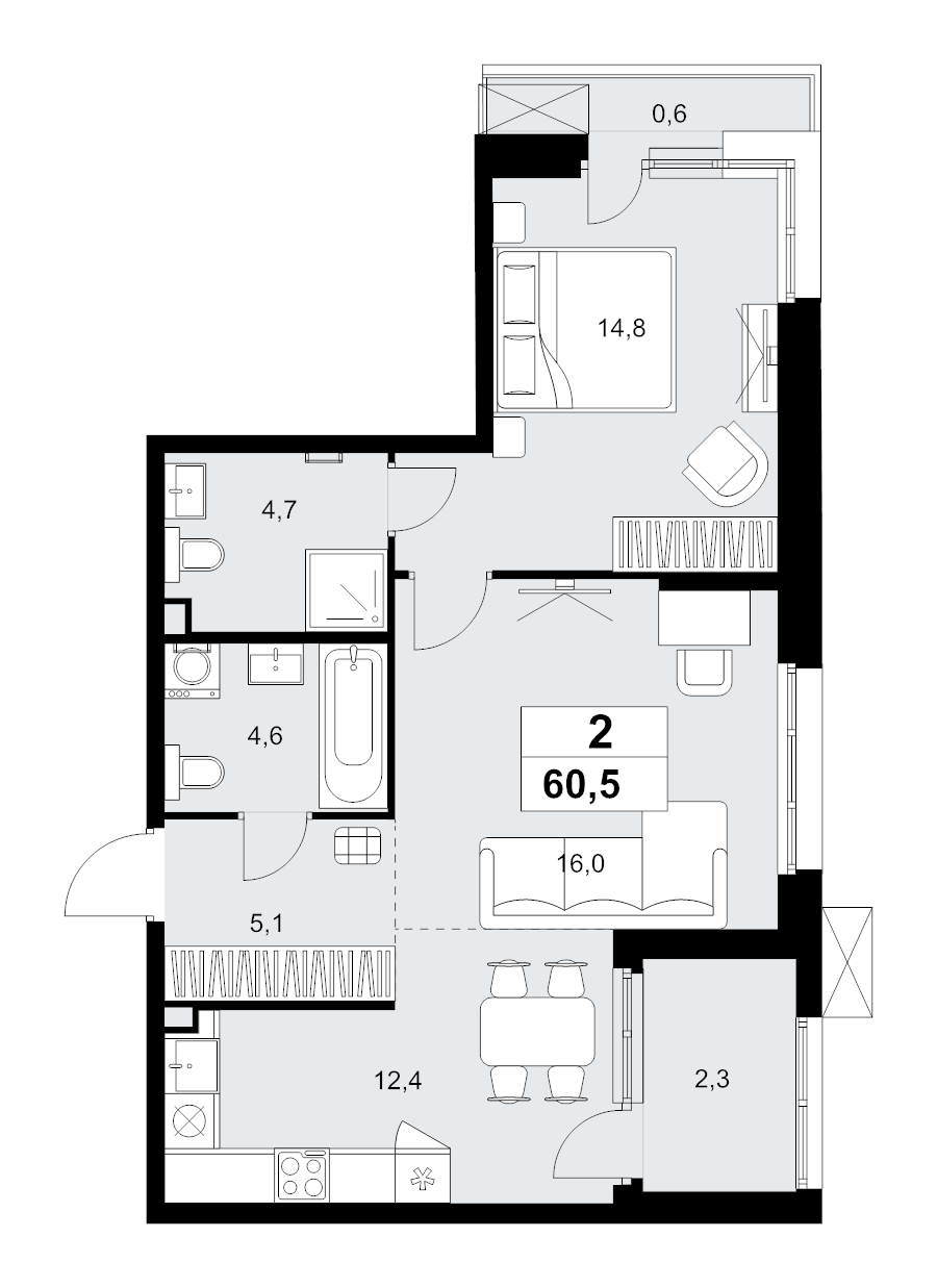 2 ккв (Евро) 60,5 м²