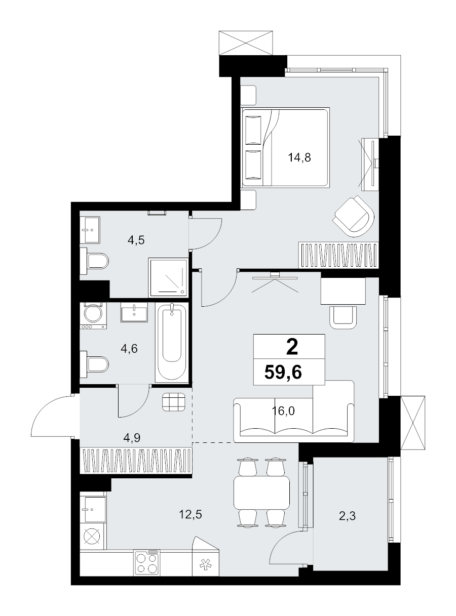 2 ккв (Евро) 59,6 м²