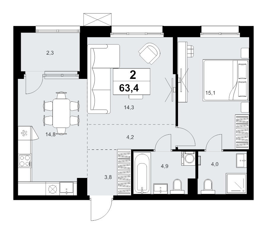 2 ккв (Евро) 63,4 м²