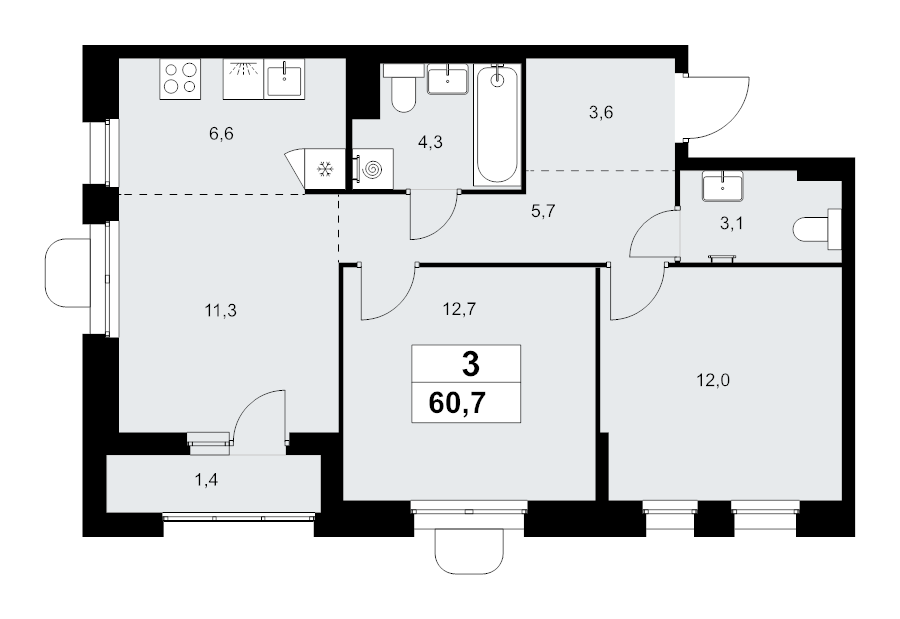 3 ккв (Евро) 60,7 м²