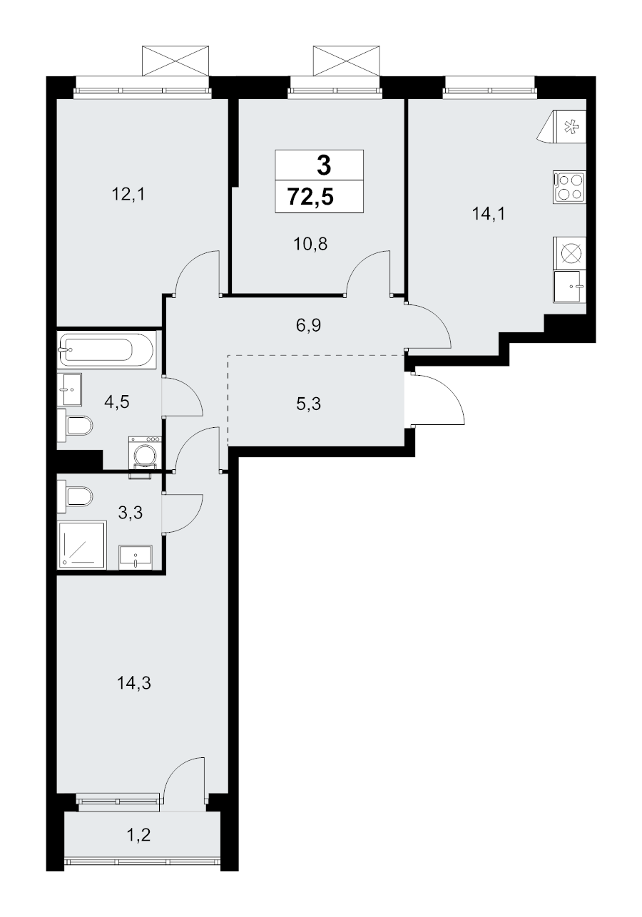 3 ккв 72,5 м²