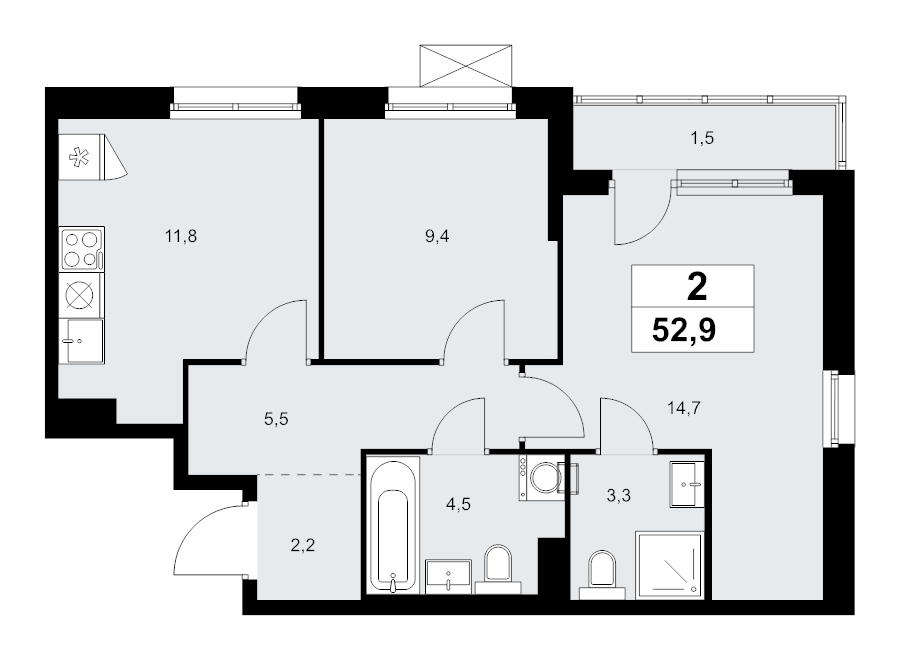 2 ккв 52,9 м²