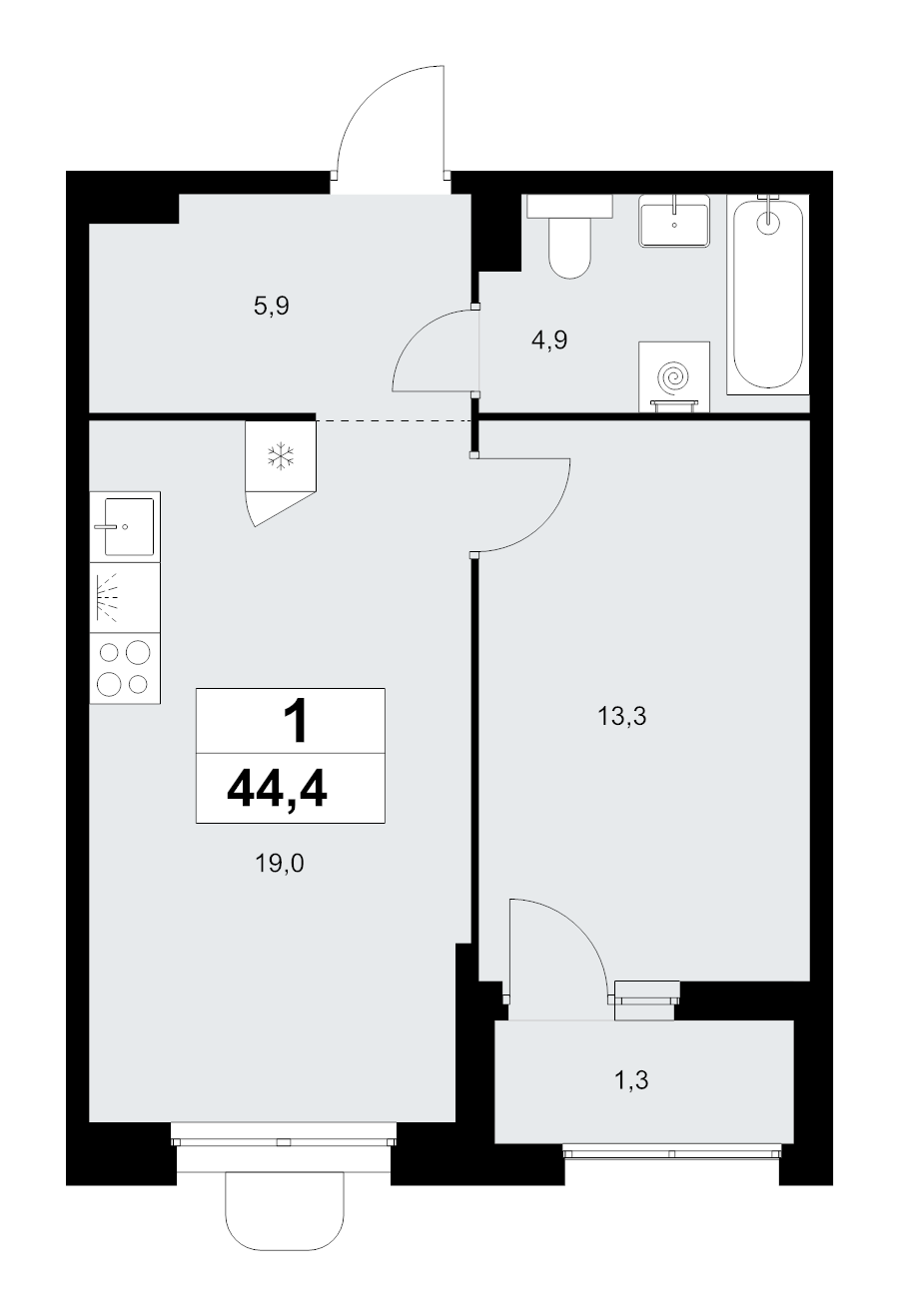 2 ккв (Евро) 44,4 м²