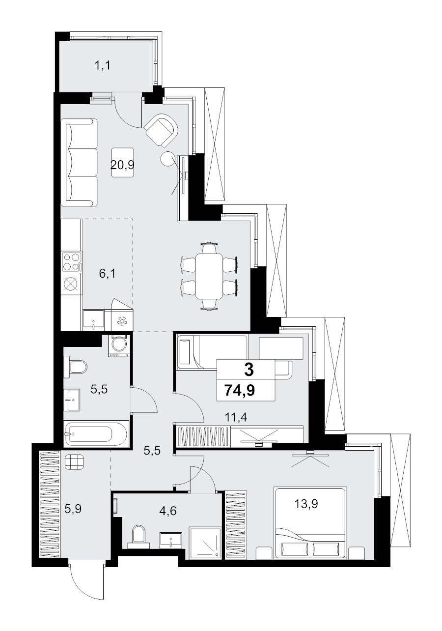 3 ккв (Евро) 74,9 м²