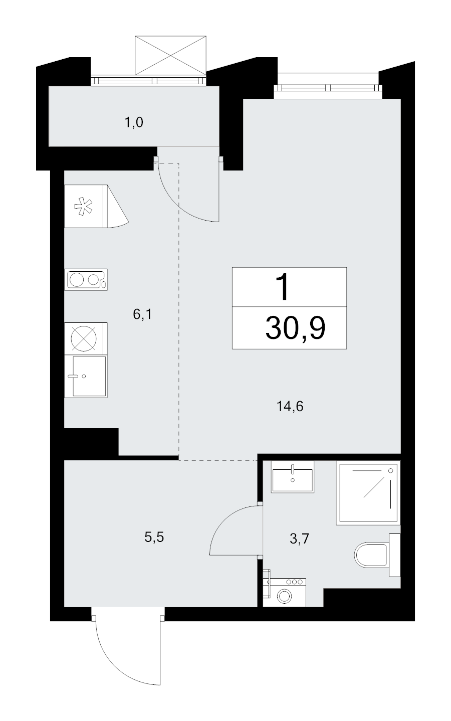 Студия 30,9 м²