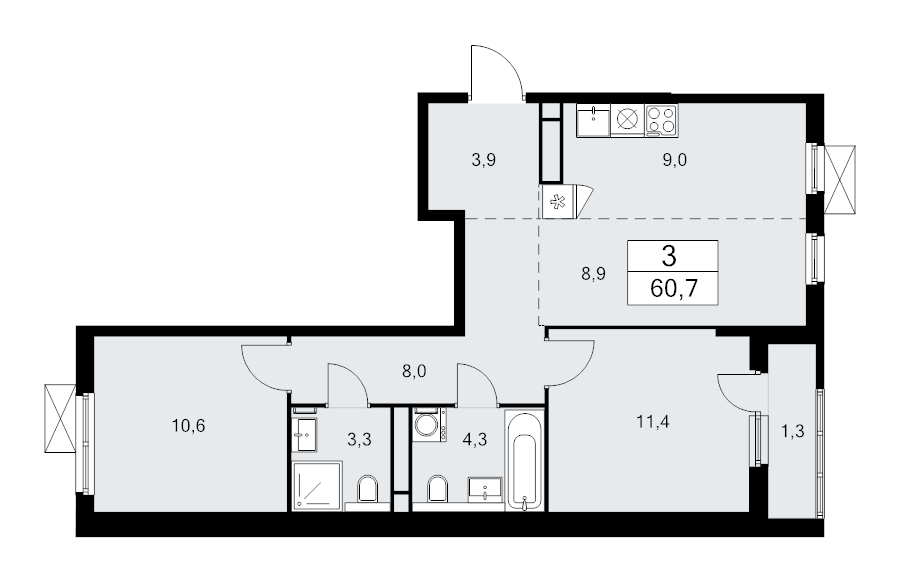 3 ккв (Евро) 60,7 м²