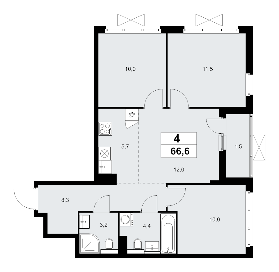4 ккв (Евро) 66,4 м²