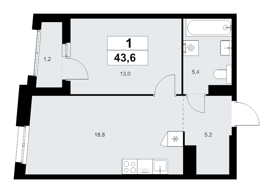 2 ккв (Евро) 43,6 м²