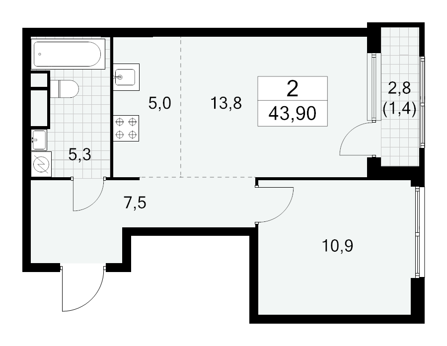 2 ккв (Евро) 43,9 м²
