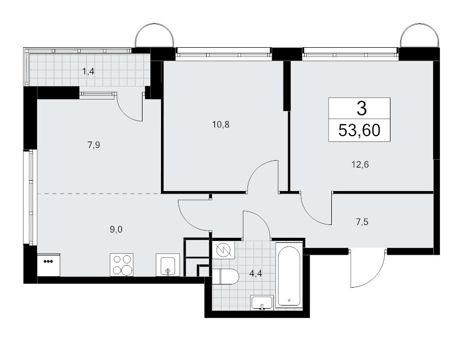 3 ккв (Евро) 53,6 м²