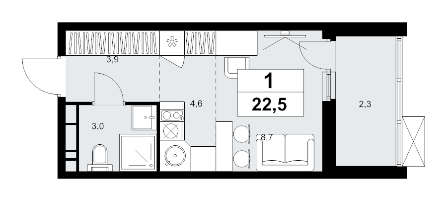 Студия 22,5 м²