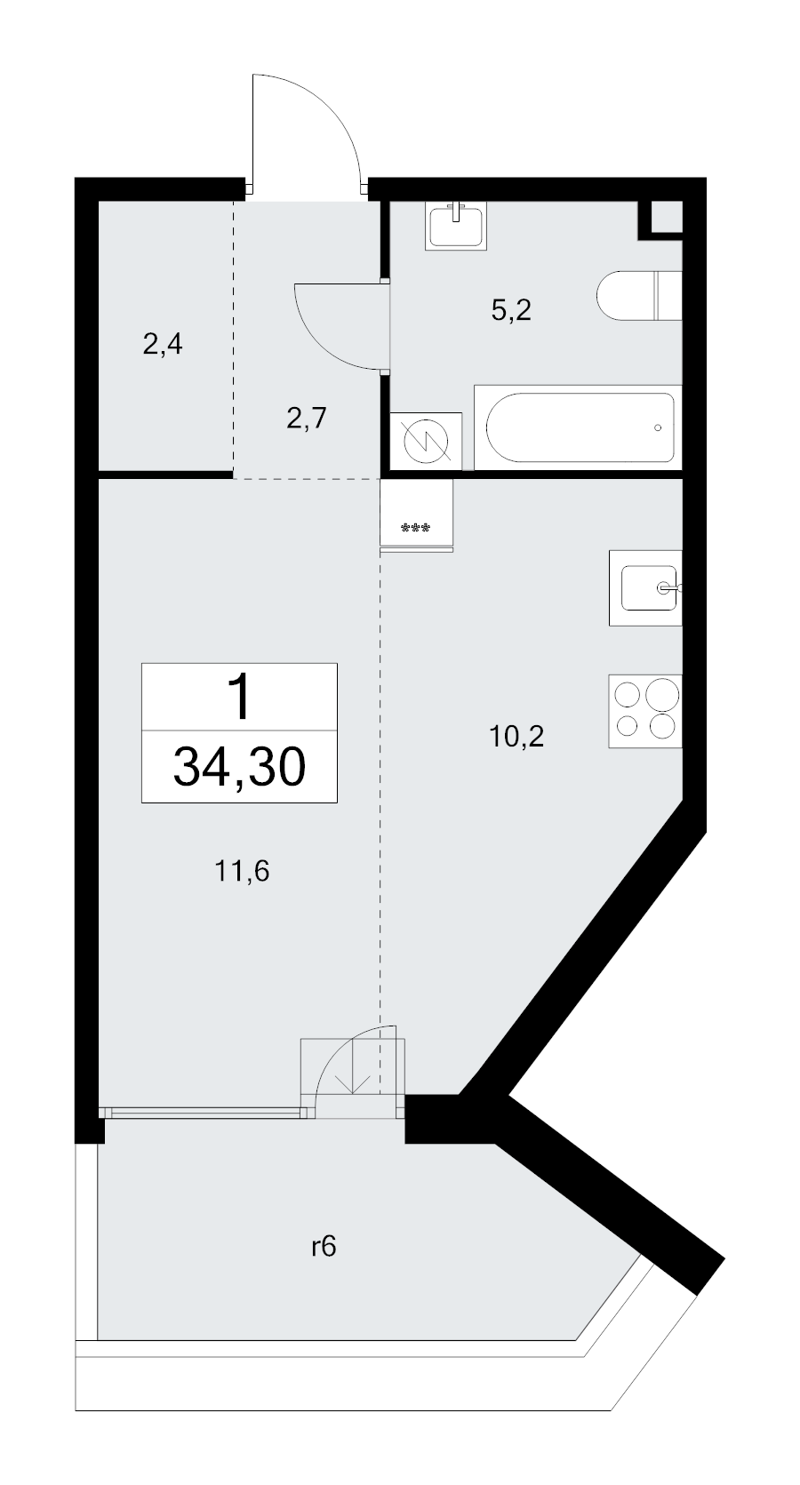 Студия 34,3 м²