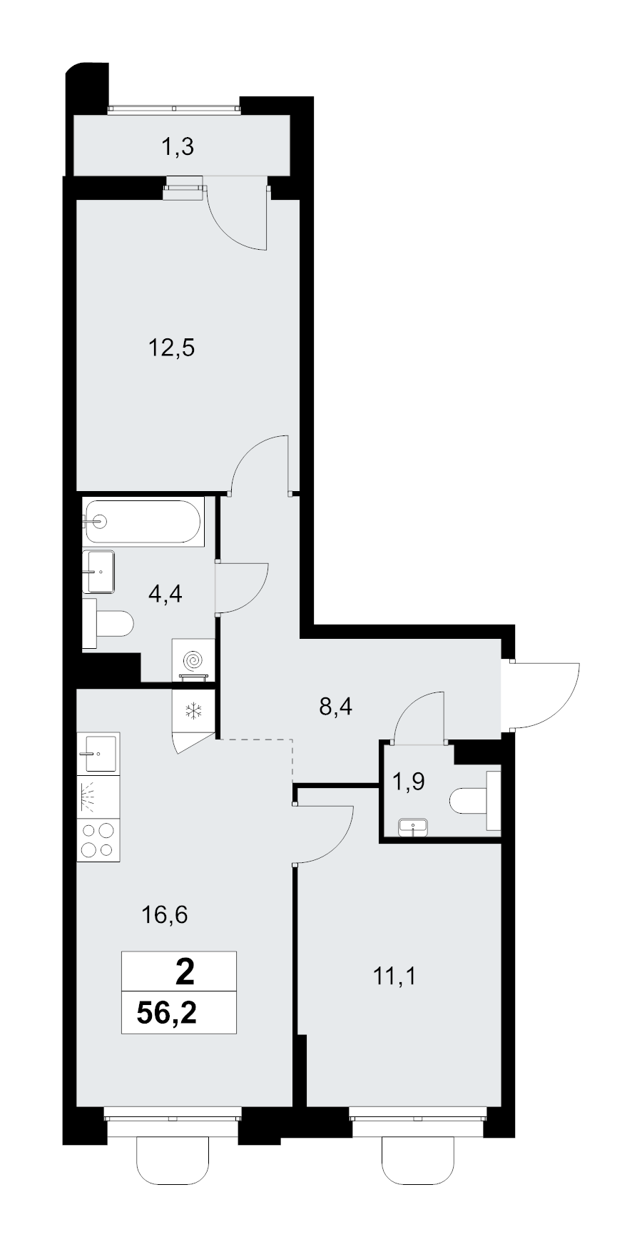 3 ккв (Евро) 56,2 м²
