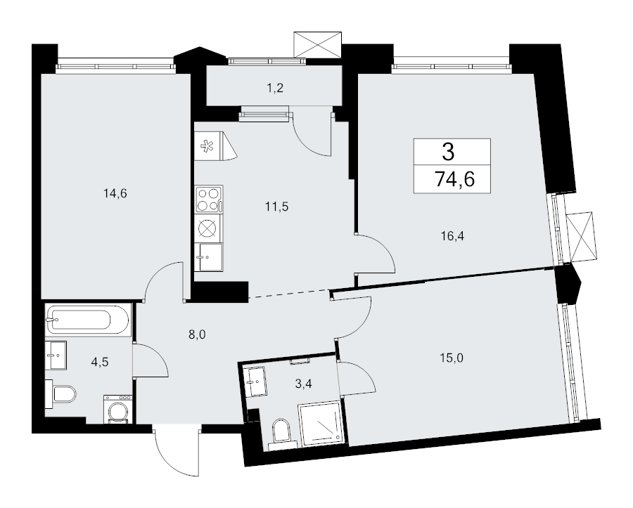 3 ккв 74,6 м²