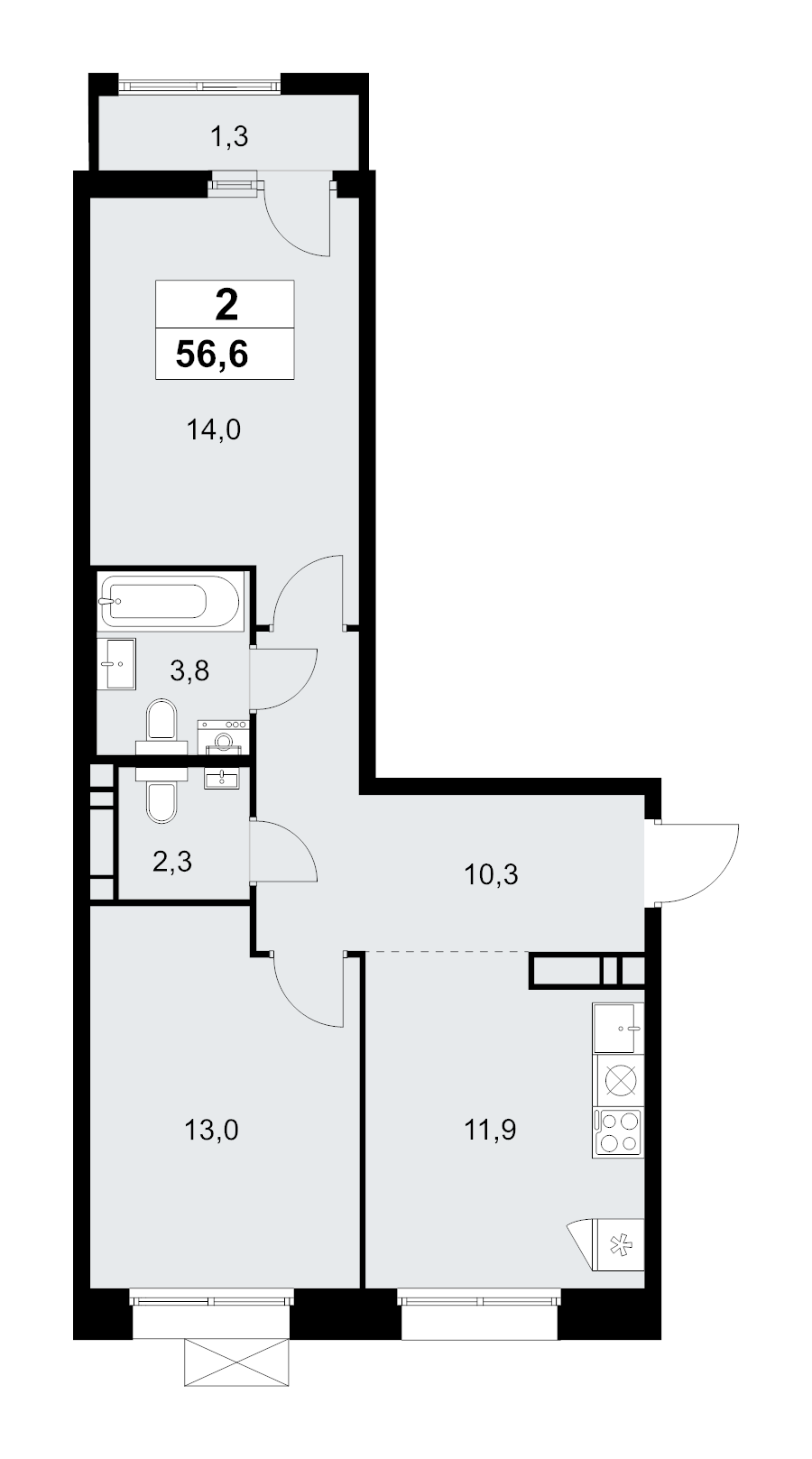 2 ккв 56,6 м²