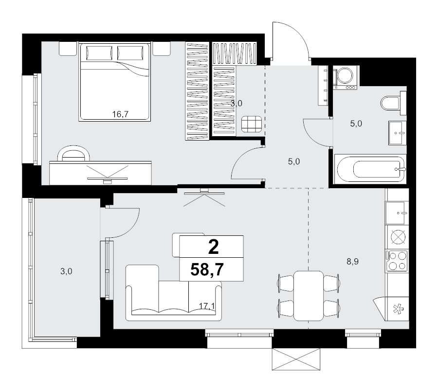 2 ккв (Евро) 58,7 м²