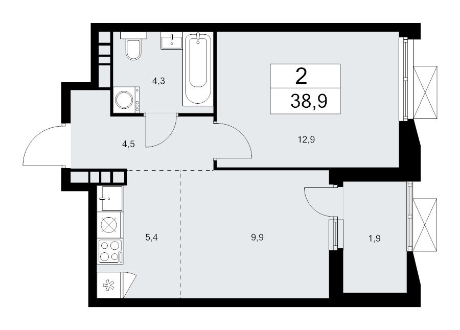 2 ккв (Евро) 38,9 м²