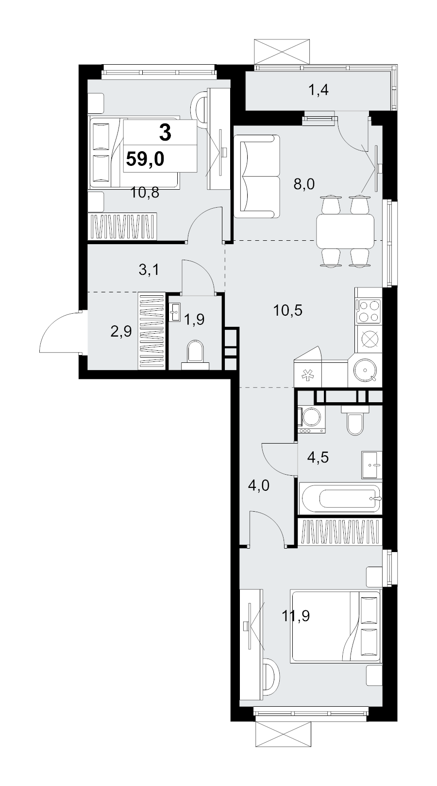 3 ккв (Евро) 59 м²