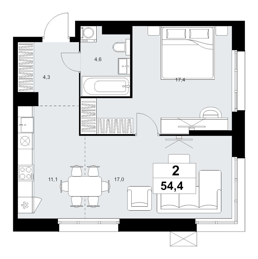 2 ккв (Евро) 54,4 м²