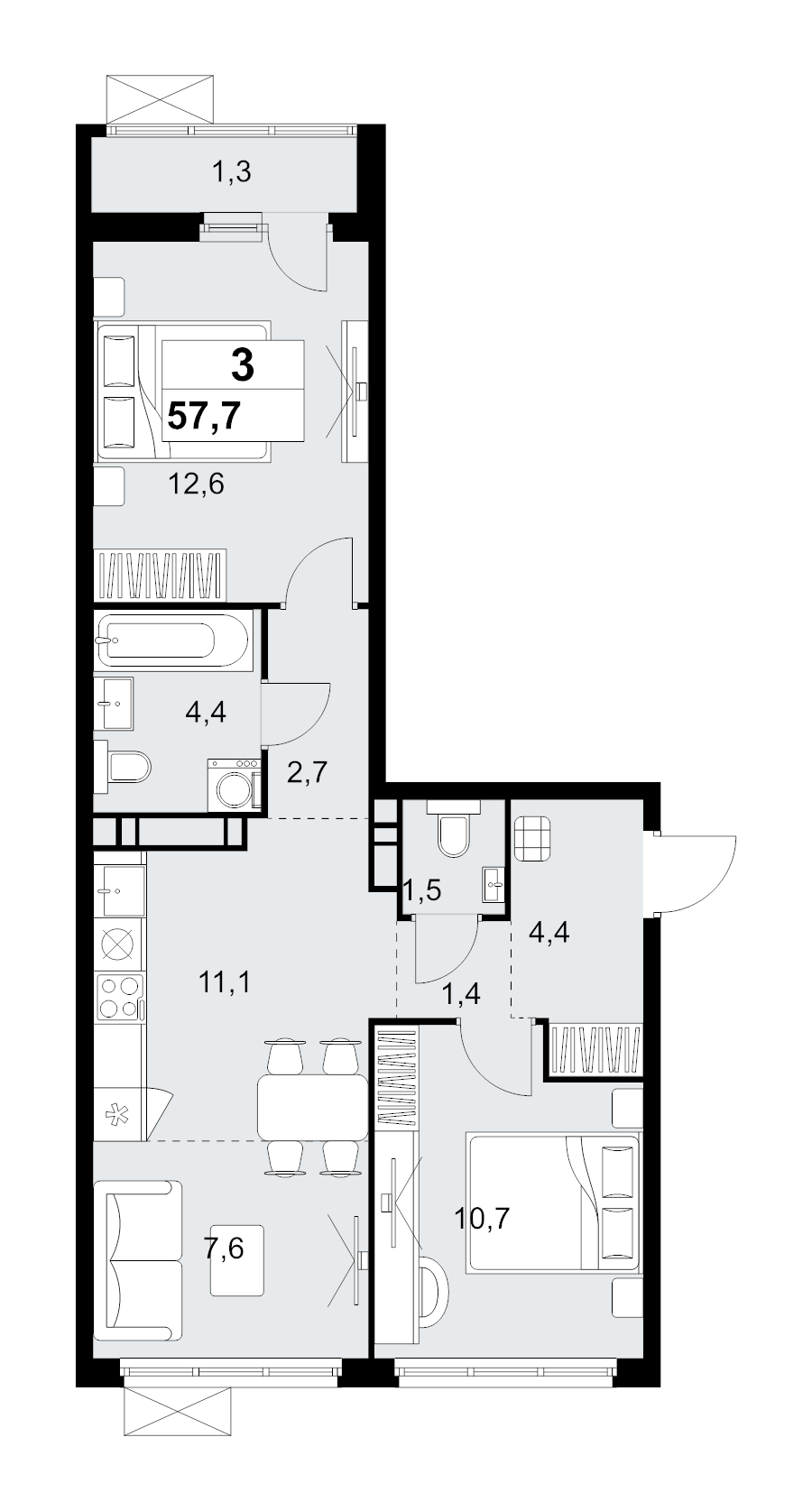 3 ккв (Евро) 57,7 м²