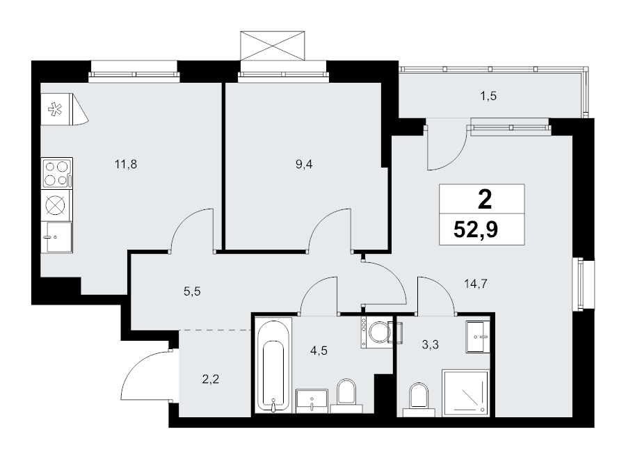 2 ккв 52,9 м²
