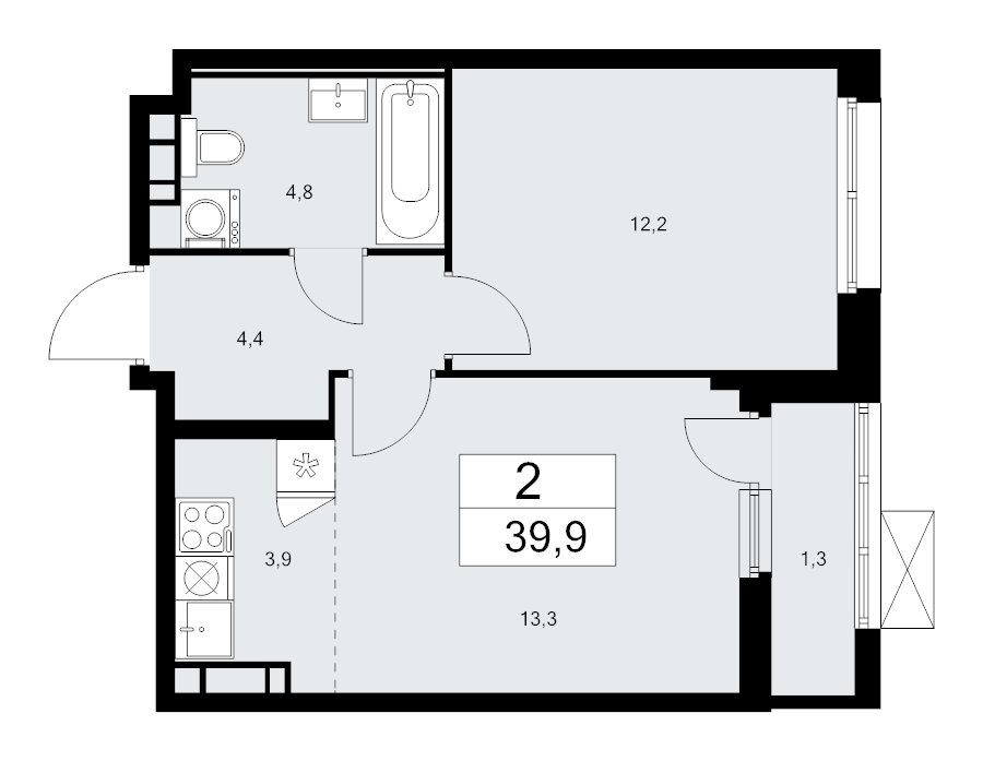2 ккв (Евро) 39,9 м²