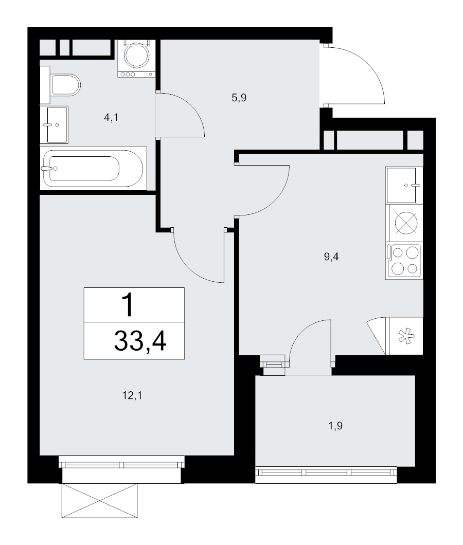 1 ккв 33,4 м²