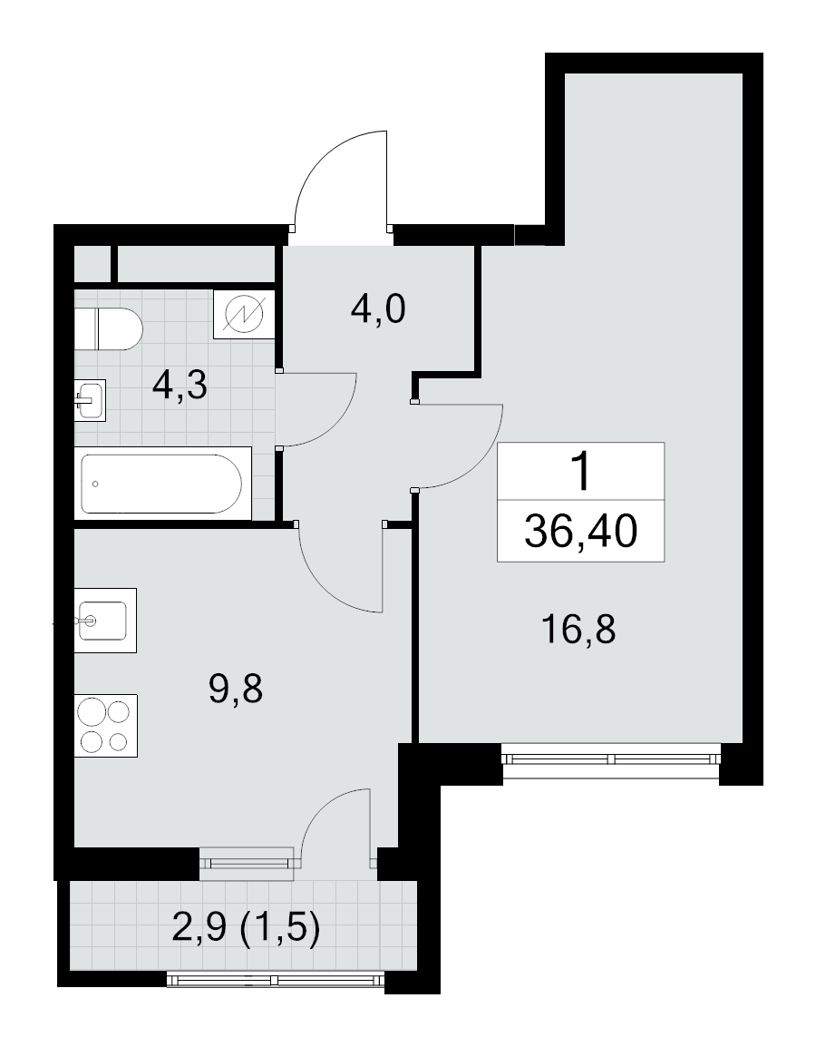 1 ккв 36,4 м²