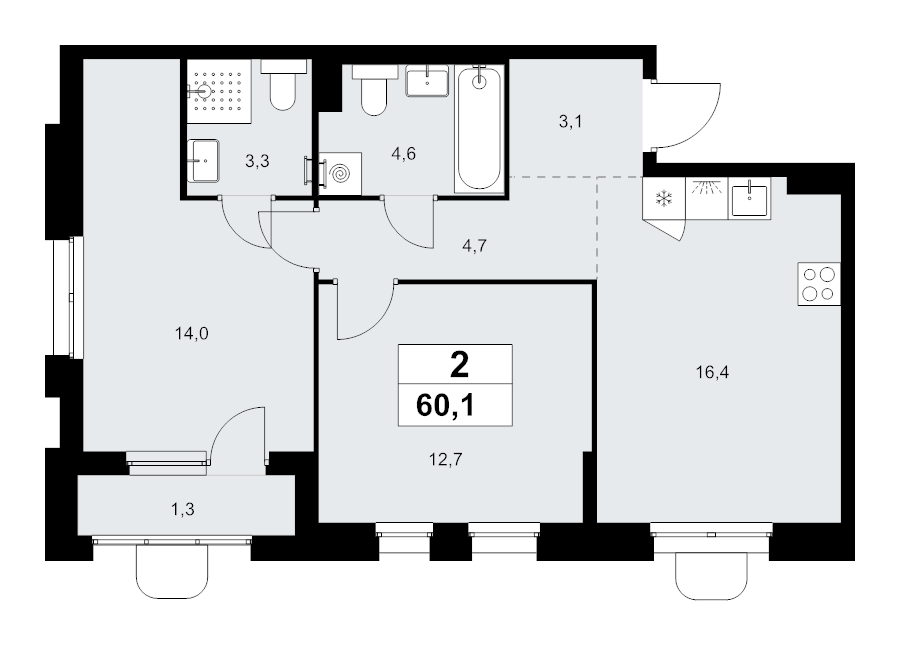 3 ккв (Евро) 60,1 м²