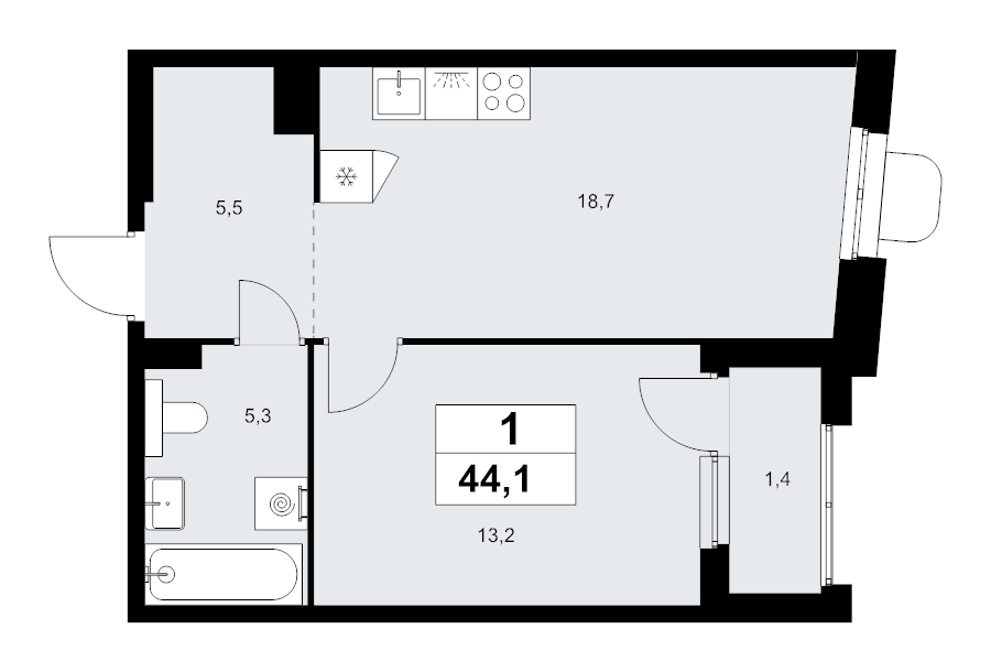 2 ккв (Евро) 44,1 м²