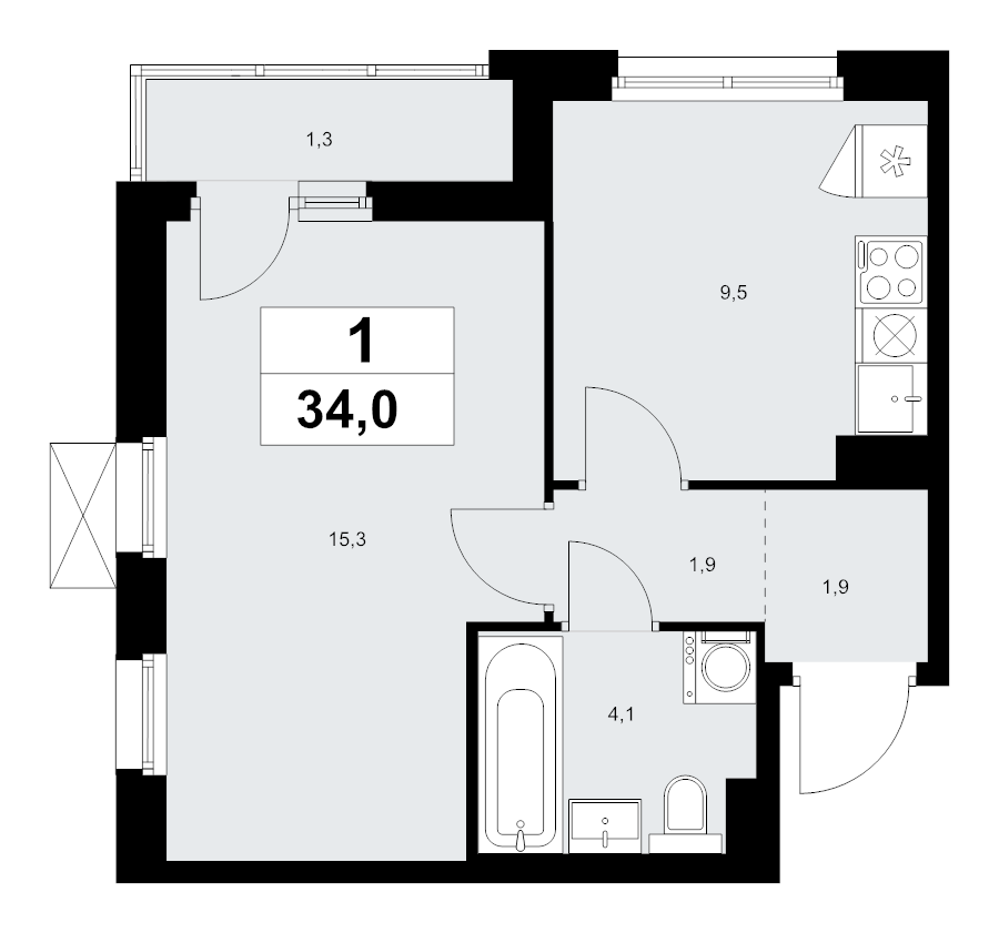 1 ккв 34 м²