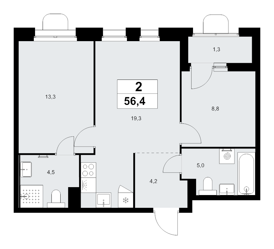 3 ккв (Евро) 56,4 м²