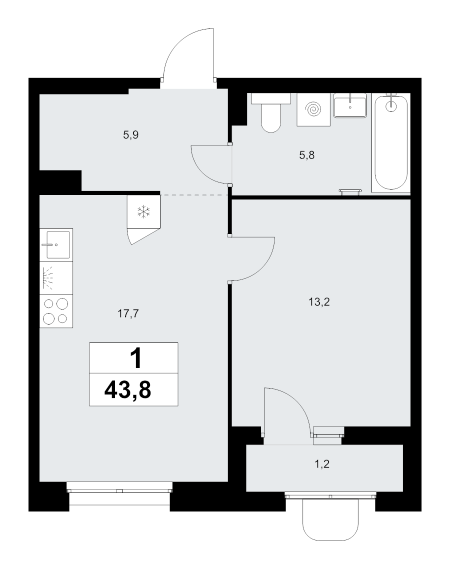 2 ккв (Евро) 43,8 м²