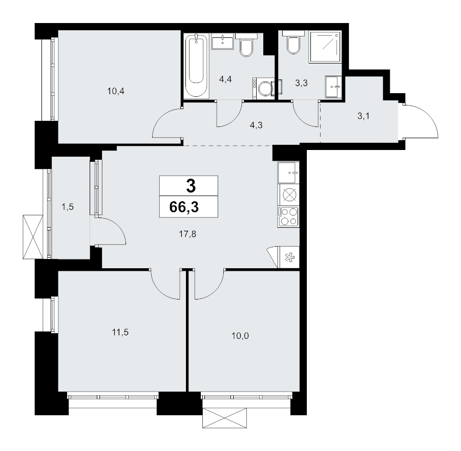 4 ккв (Евро) 66,3 м²