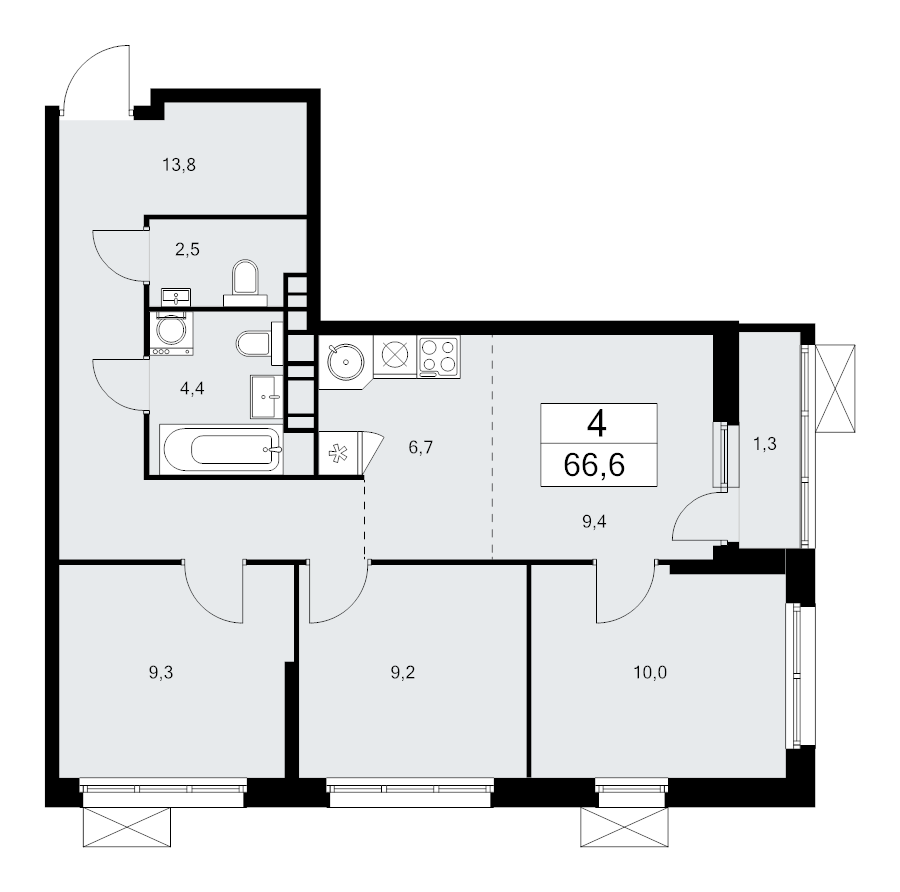4 ккв (Евро) 66,6 м²