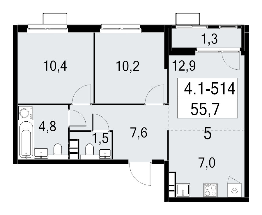 3 ккв (Евро) 55,7 м²