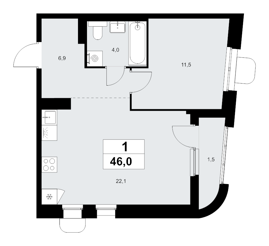 2 ккв (Евро) 46 м²