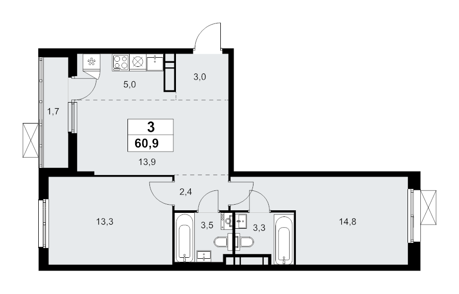 3 ккв (Евро) 60,9 м²