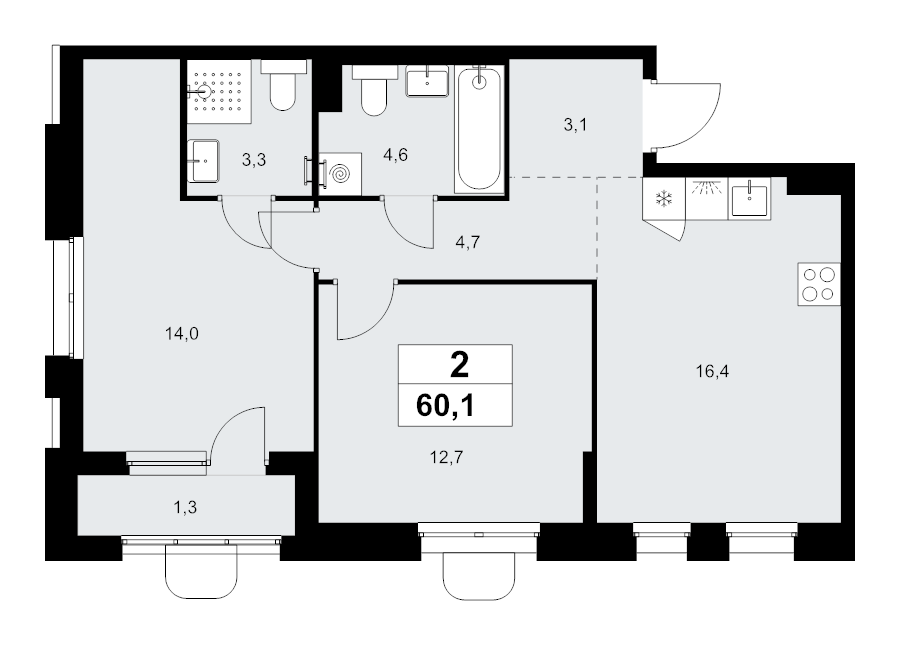 3 ккв (Евро) 60,1 м²