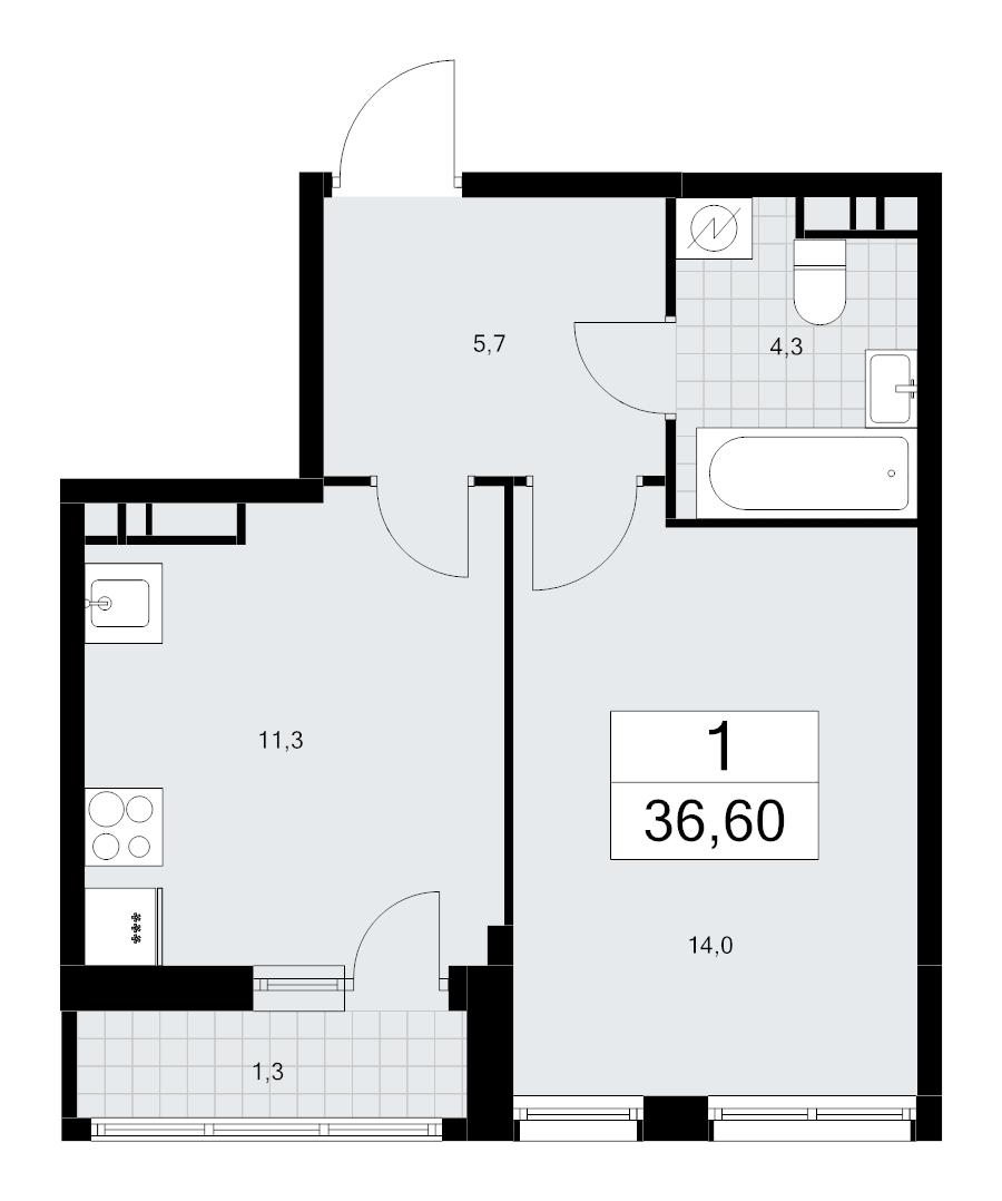 1 ккв 36,6 м²