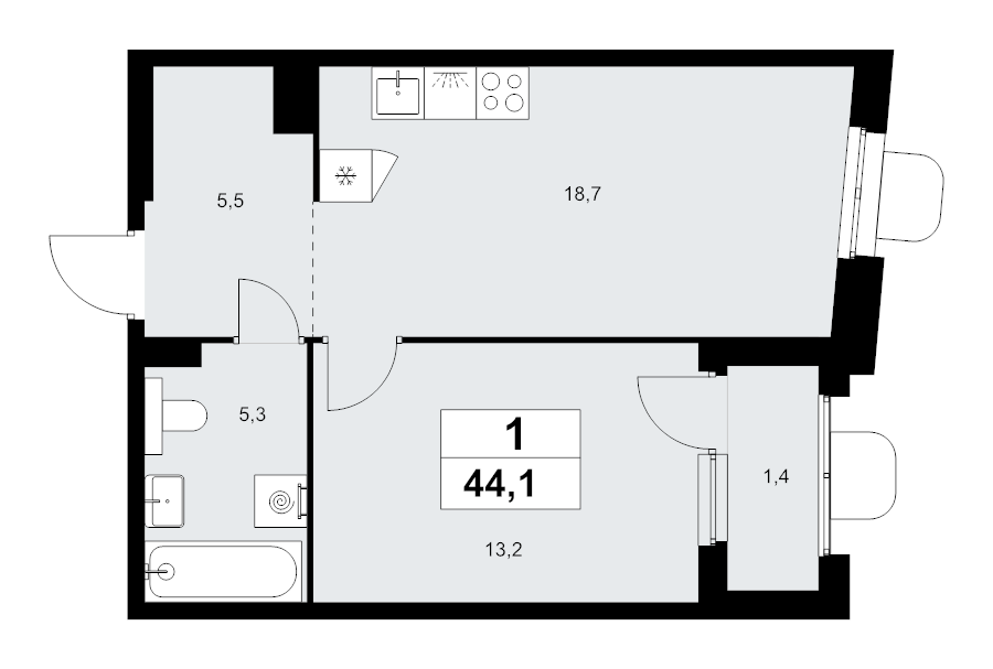 2 ккв (Евро) 44,1 м²