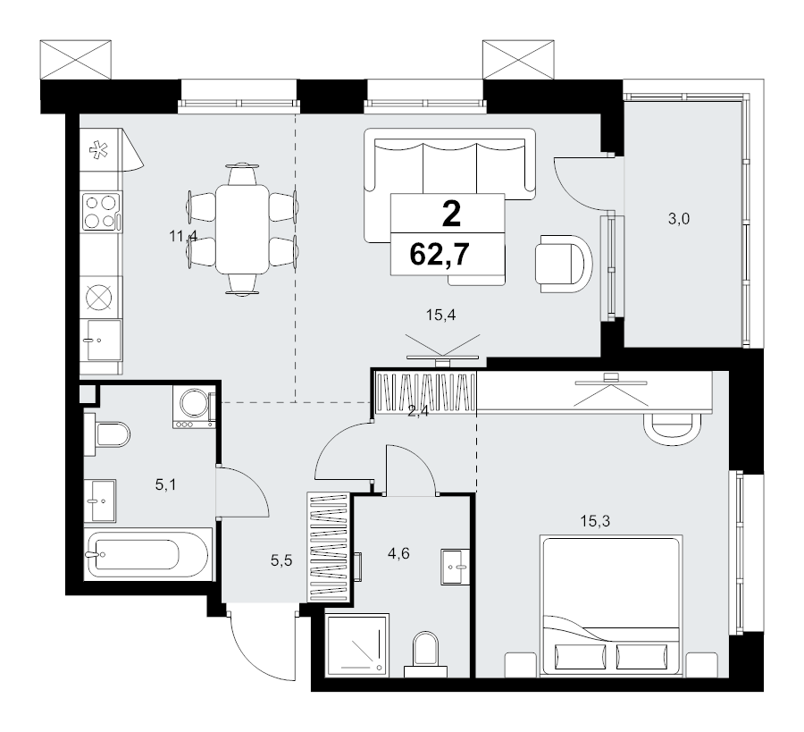 2 ккв (Евро) 62,7 м²