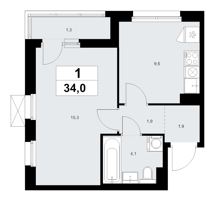 1 ккв 34 м²