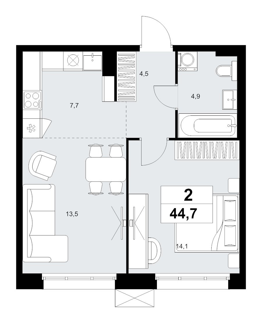 2 ккв (Евро) 44,7 м²