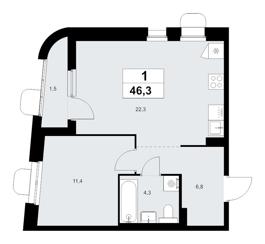 2 ккв (Евро) 46,3 м²