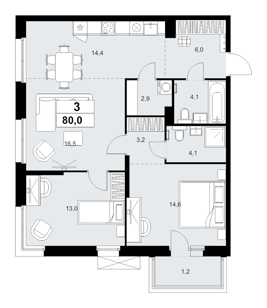 3 ккв (Евро) 80 м²