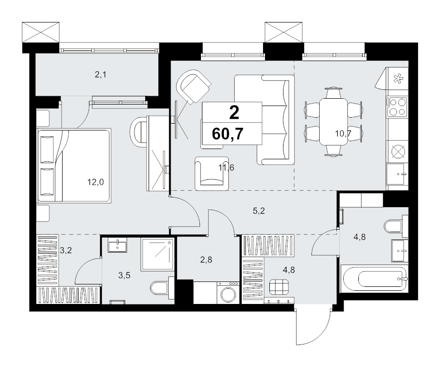 2 ккв (Евро) 60,7 м²